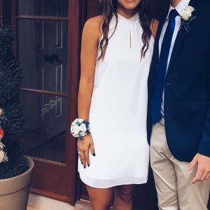 white shift dress with front cutout